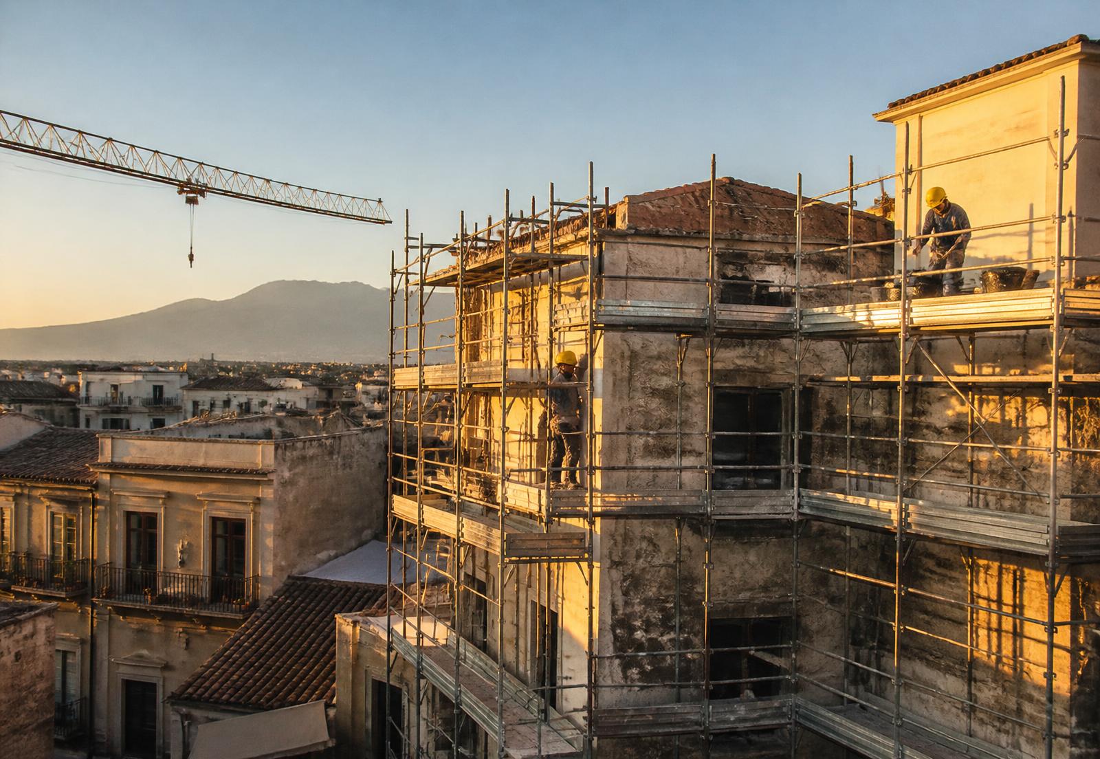 Cantiere edile con ponteggi al tramonto in provincia di Palermo